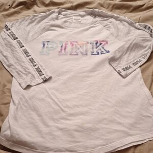 PINK Victoria's Secret White Cotton Blend Top W/ Colorful Logo Size S-P